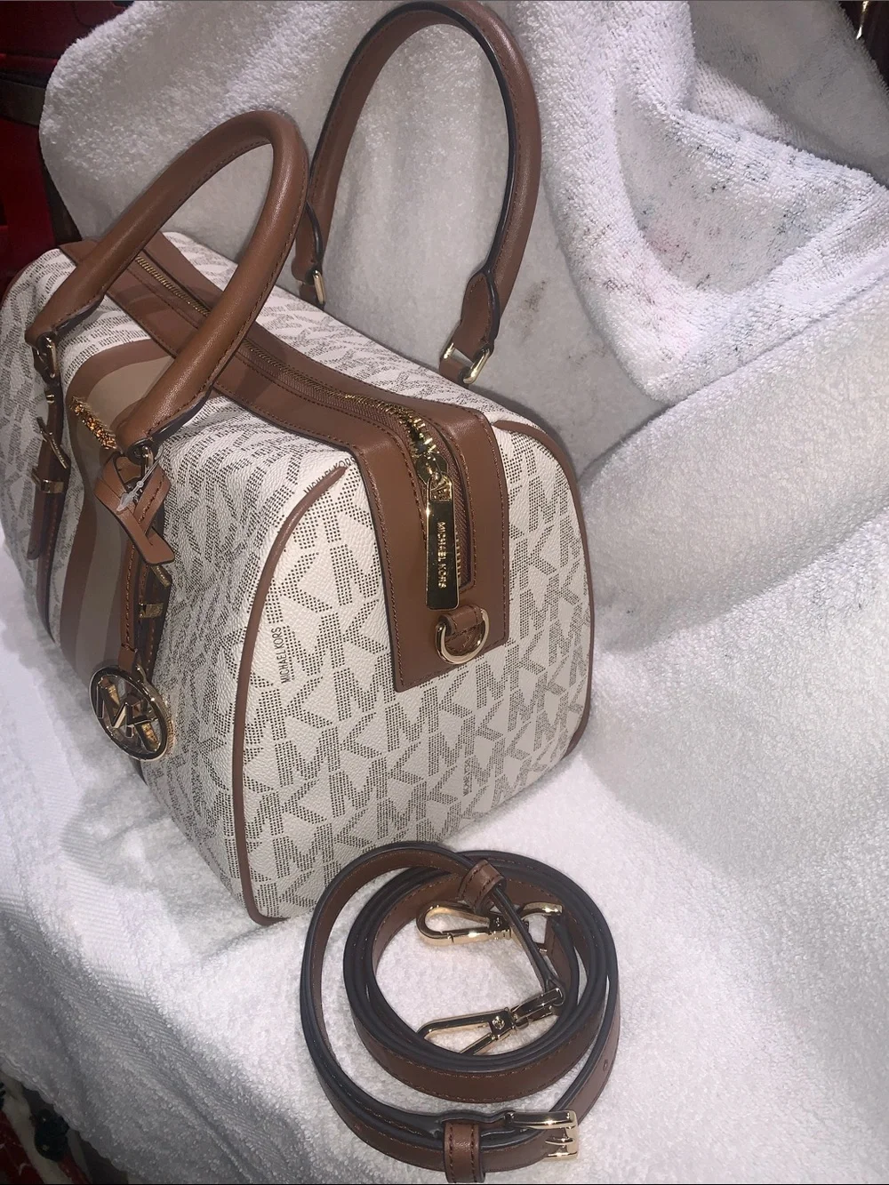 Michael Kors Brown and Cream MK Signature Satchel with Stripe